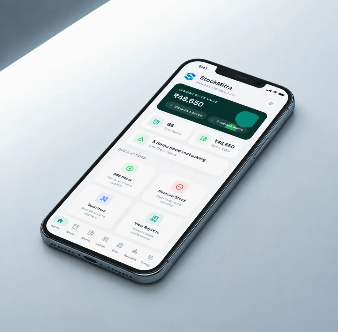 StockMitra app screen showing stock value, item count, low-stock alerts and quick actions